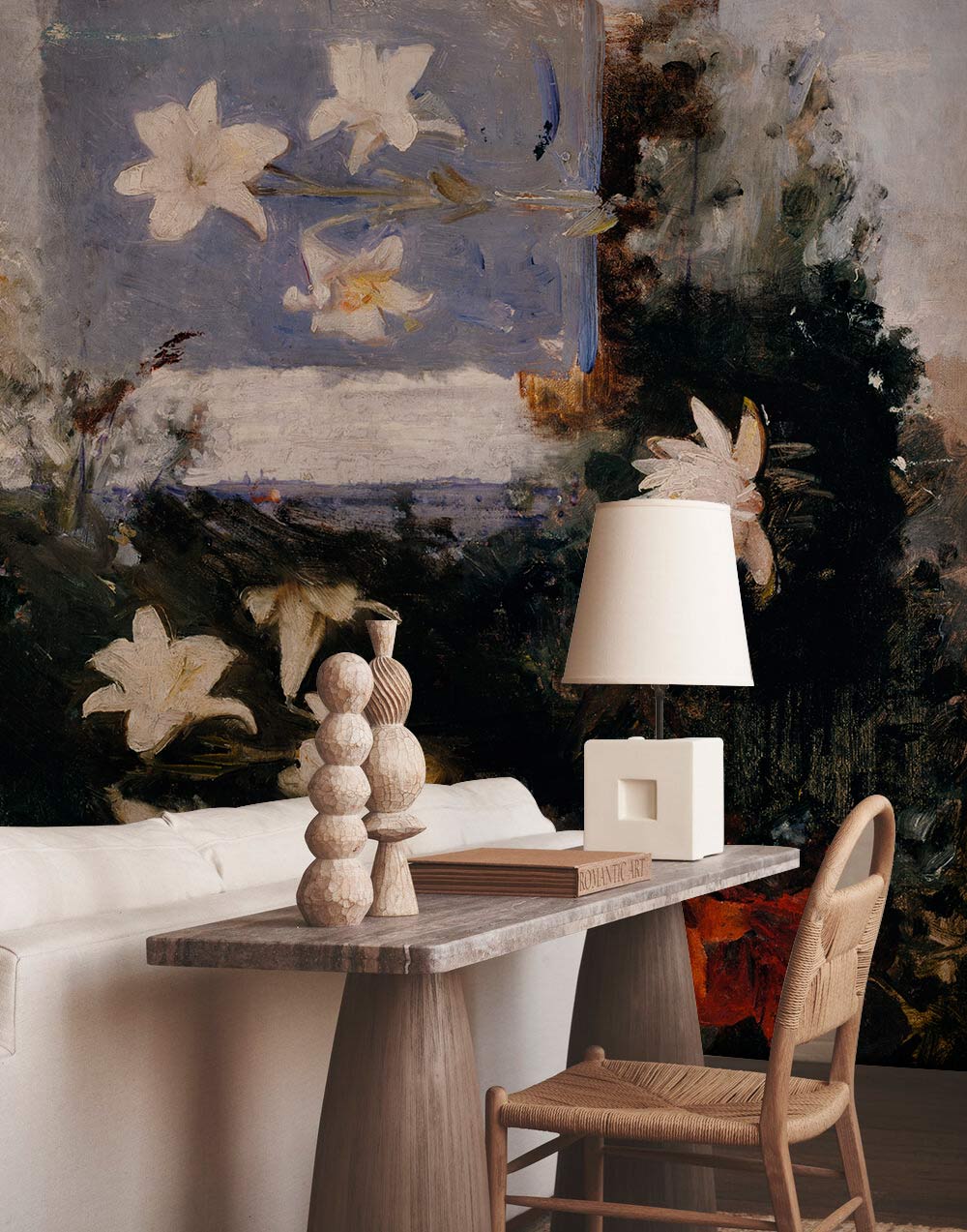 Dark Floral Elegance Mural wallpaper with lilies, beige sofa, rustic table, and wooden chair in lounge.