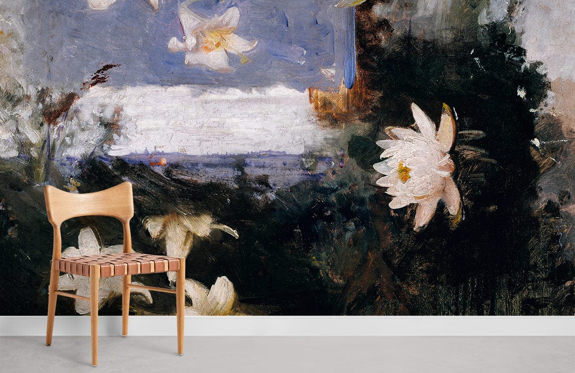 Chair against Dark Floral Elegance Mural: Red and White Lily Blossom Design Wallpaper, concrete floor.