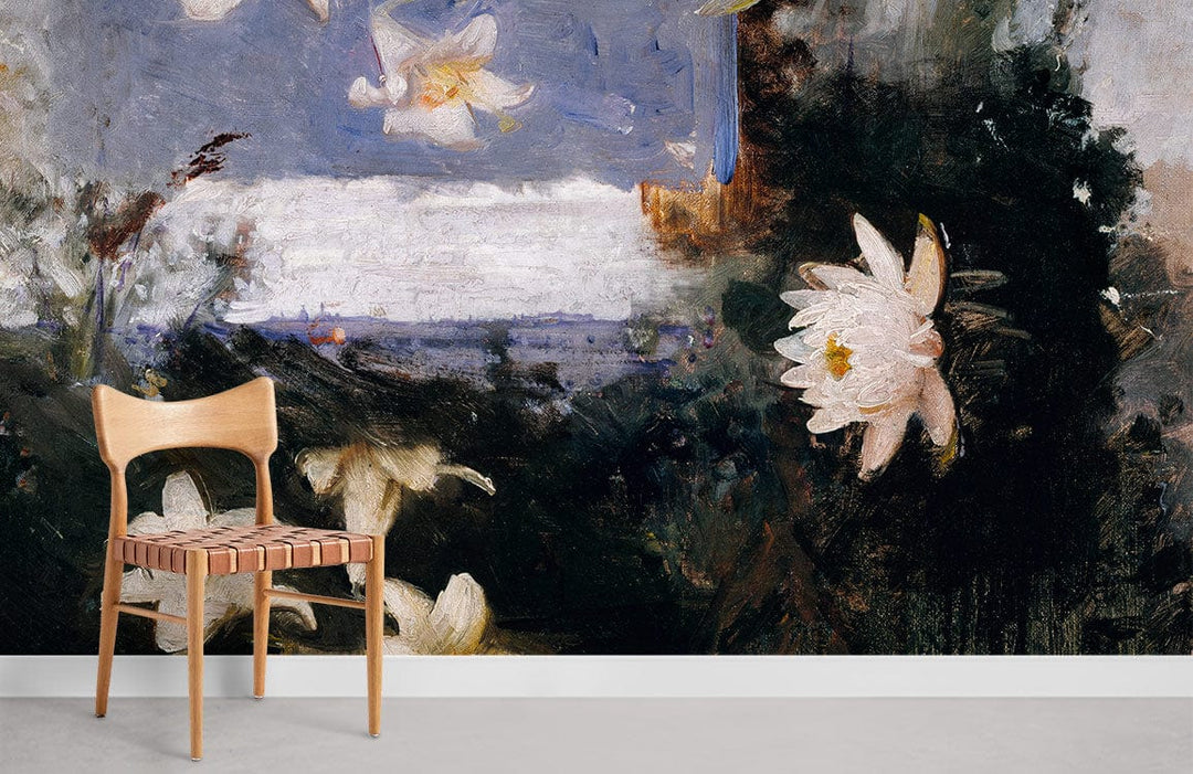 Chair against Dark Floral Elegance Mural: Red and White Lily Blossom Design Wallpaper, concrete floor.