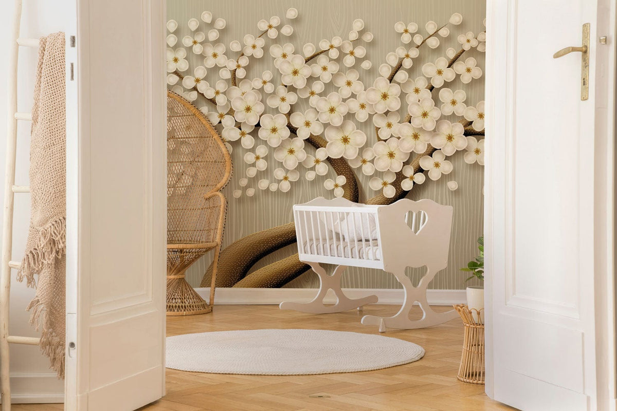 Serene Blossom Tree Mural Wallpaper in soft neutral tones, nursery with wicker chair and white cradle.