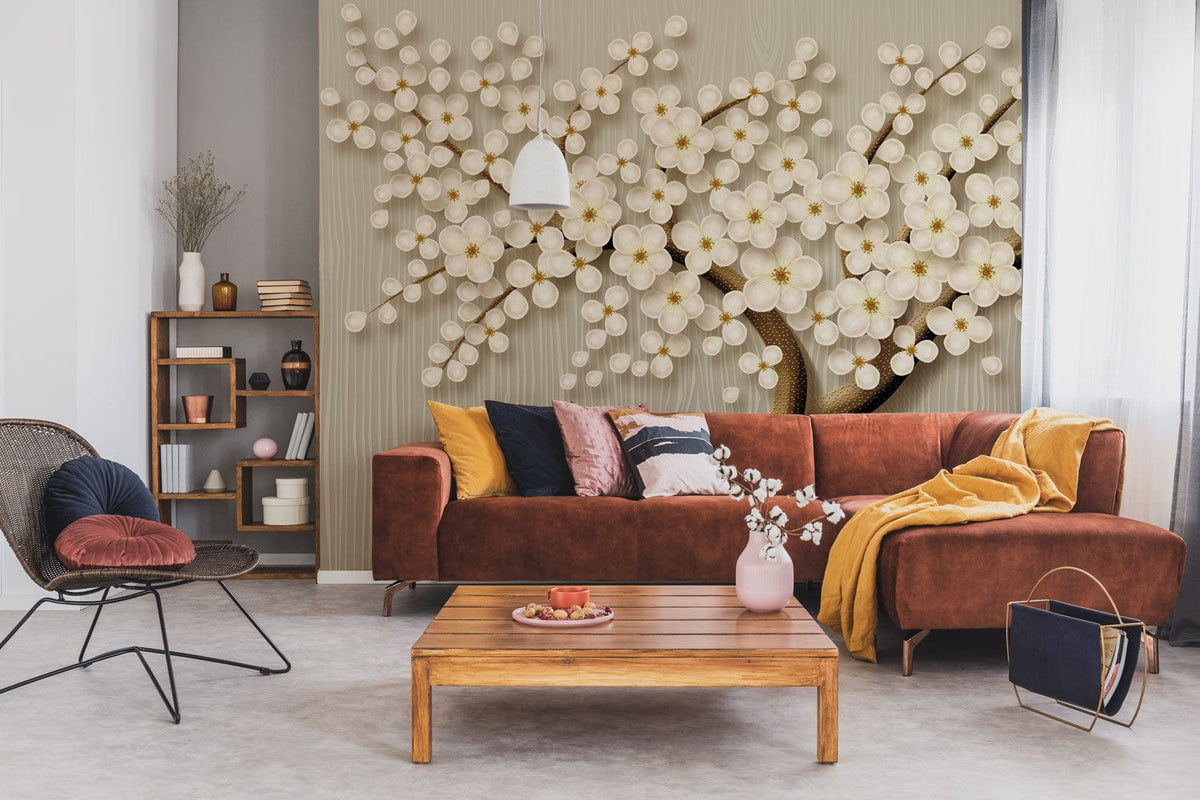 Elegant blossom tree mural wallpaper in cream and taupe with brown sofa, wooden table, modern decor.