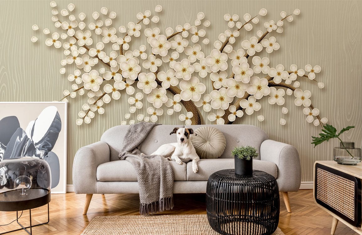 Serene Blossom Tree Mural Wallpaper in soft tones, grey sofa, parquet flooring, living room setting.