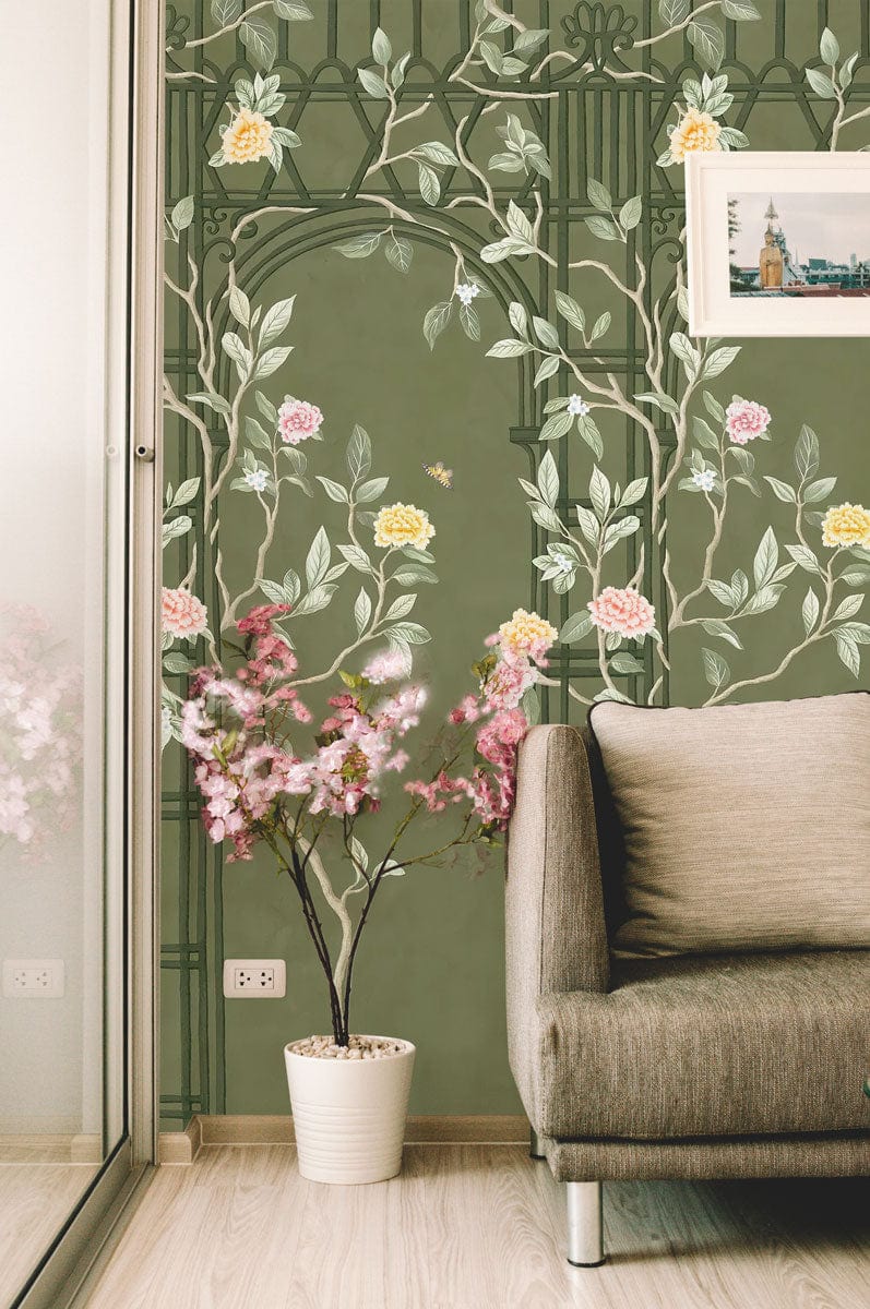 Vintage Botanical Green Floral Mural Wallpaper with sofa, modern room decor, light wood flooring, artwork.