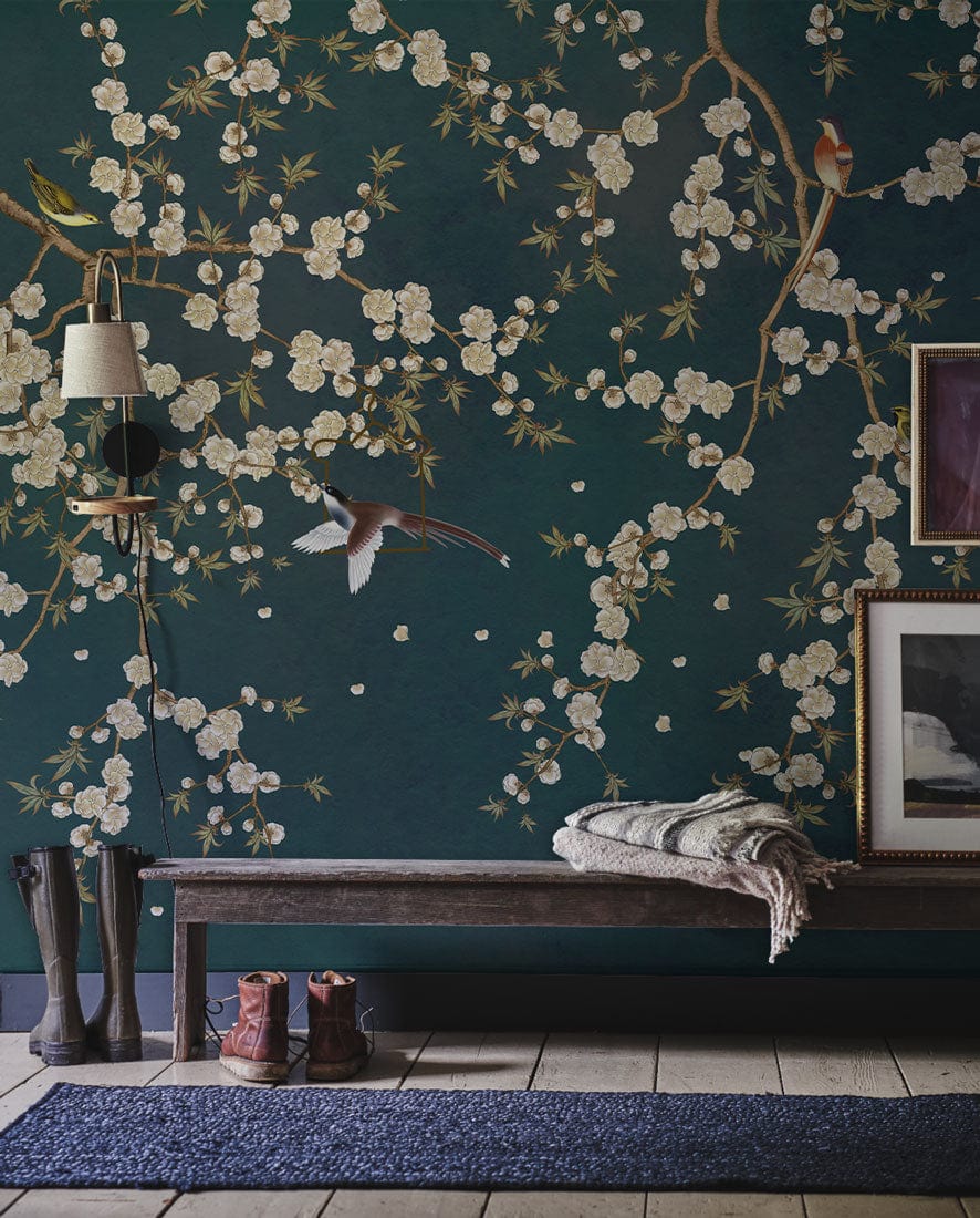 Elegant Teal Blossom Branches Wallpaper Mural, Oriental Style, with bench, hallway decor, and wooden flooring.