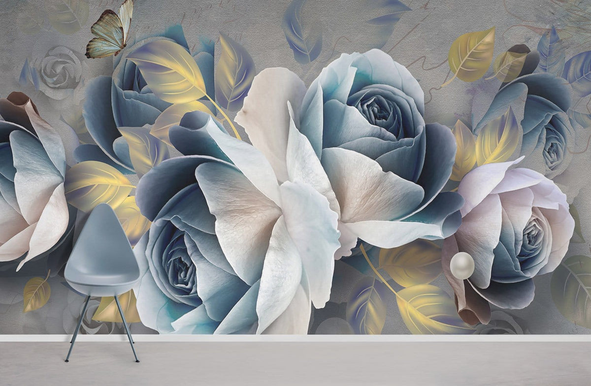 Elegant blue floral rose mural wallpaper with butterfly, pearl, grey chair, white skirting board.