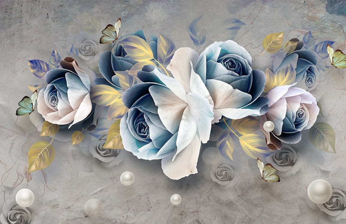 Elegant Blue Floral Rose Mural Wallpaper with Butterflies and Pearls Design