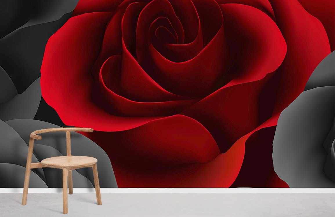 Elegant Red and Black Rose Pattern Mural Wallpaper with Wooden Chair on Grey Floor for Living Room.