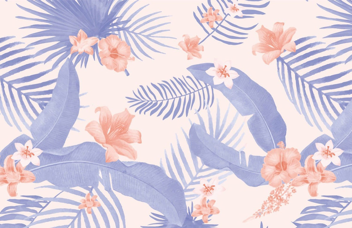 Tropical Blossom Paradise: Blue and Peach Botanical Patterned Wall Mural Wallpaper