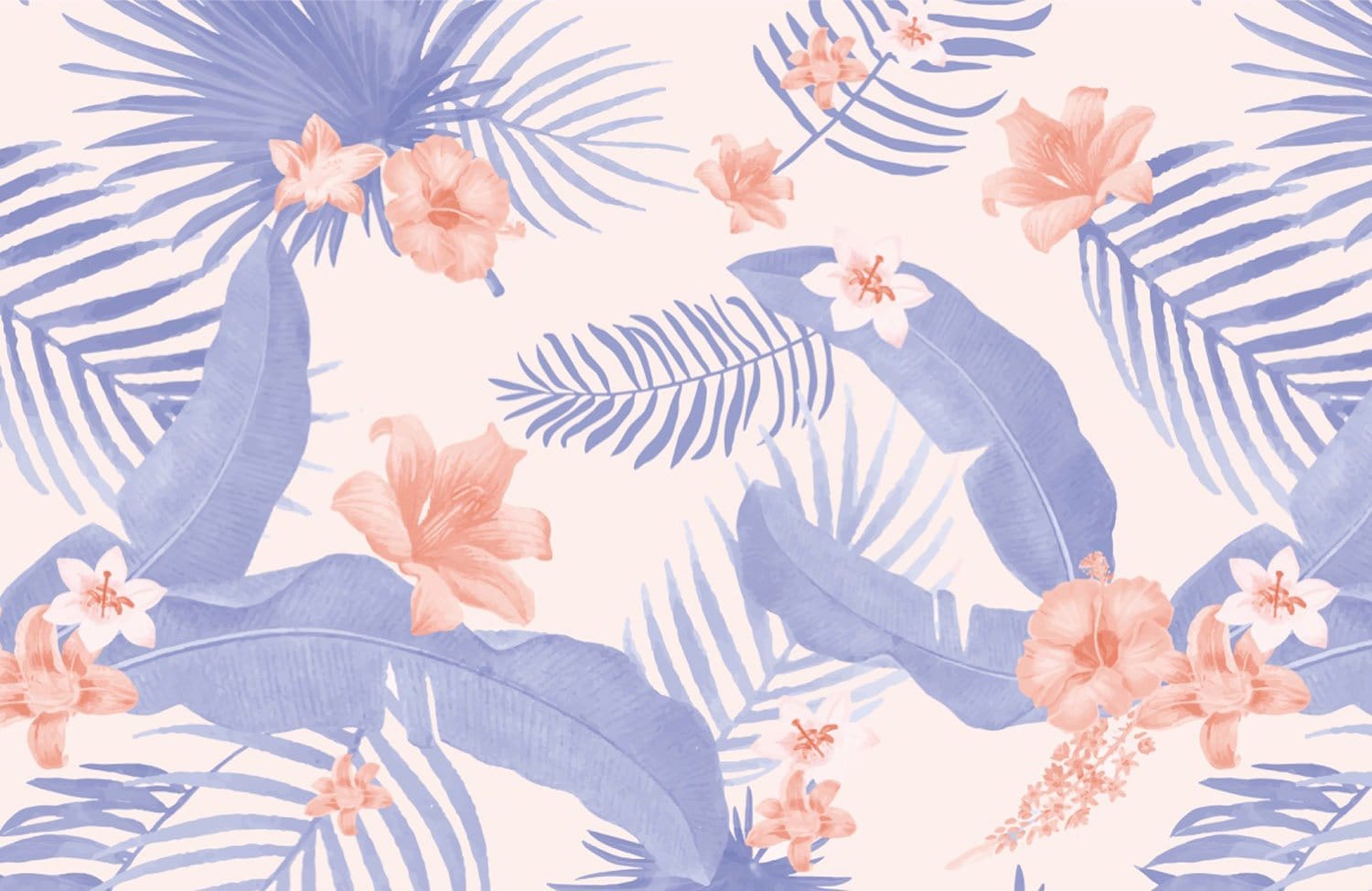 Tropical Blossom Paradise: Blue and Peach Botanical Patterned Wall Mural Wallpaper
