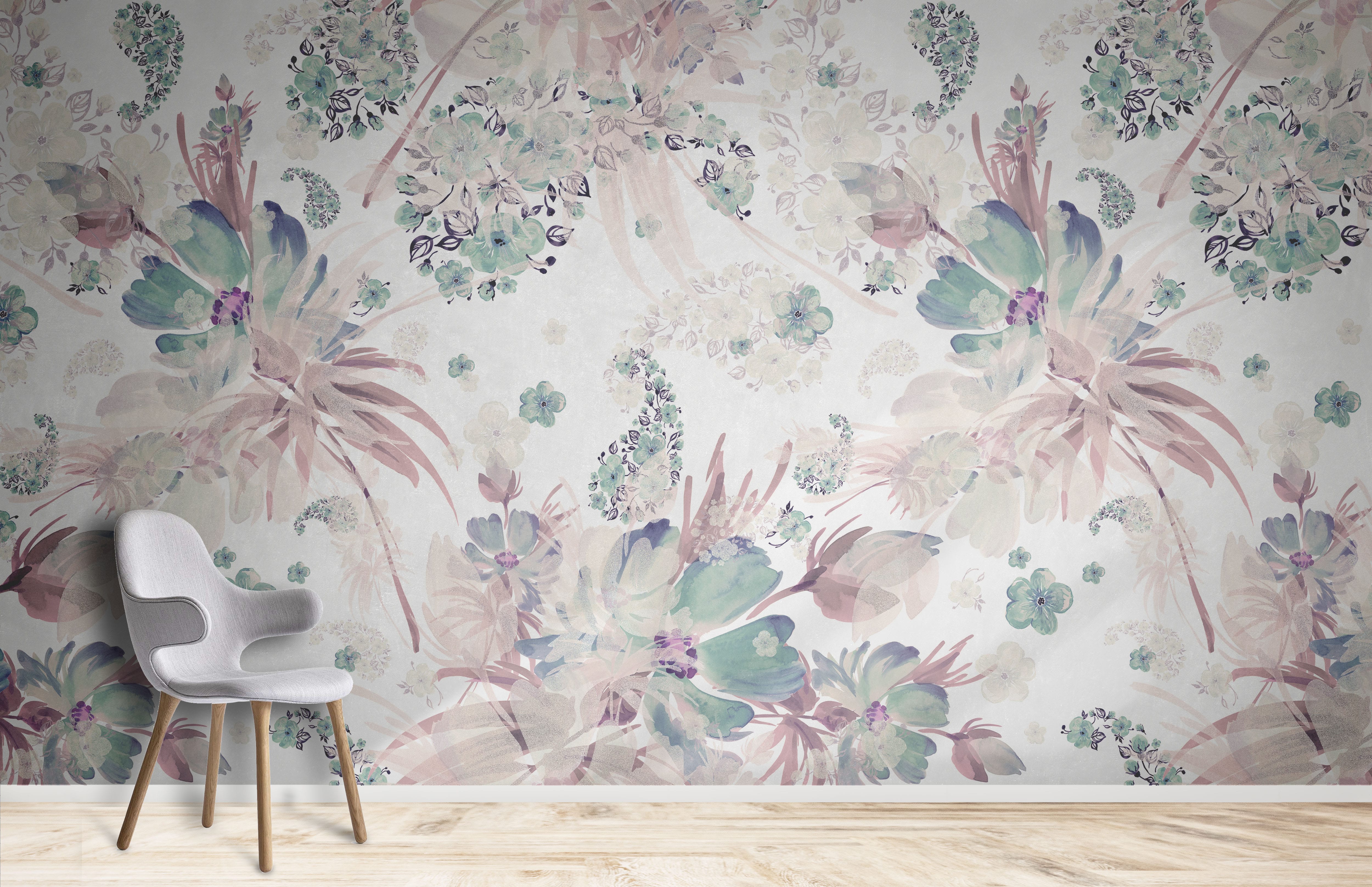 Soft Pastel Floral Dream wallpaper with wooden flooring, grey upholstered chair, elegantly designed for modern interiors.