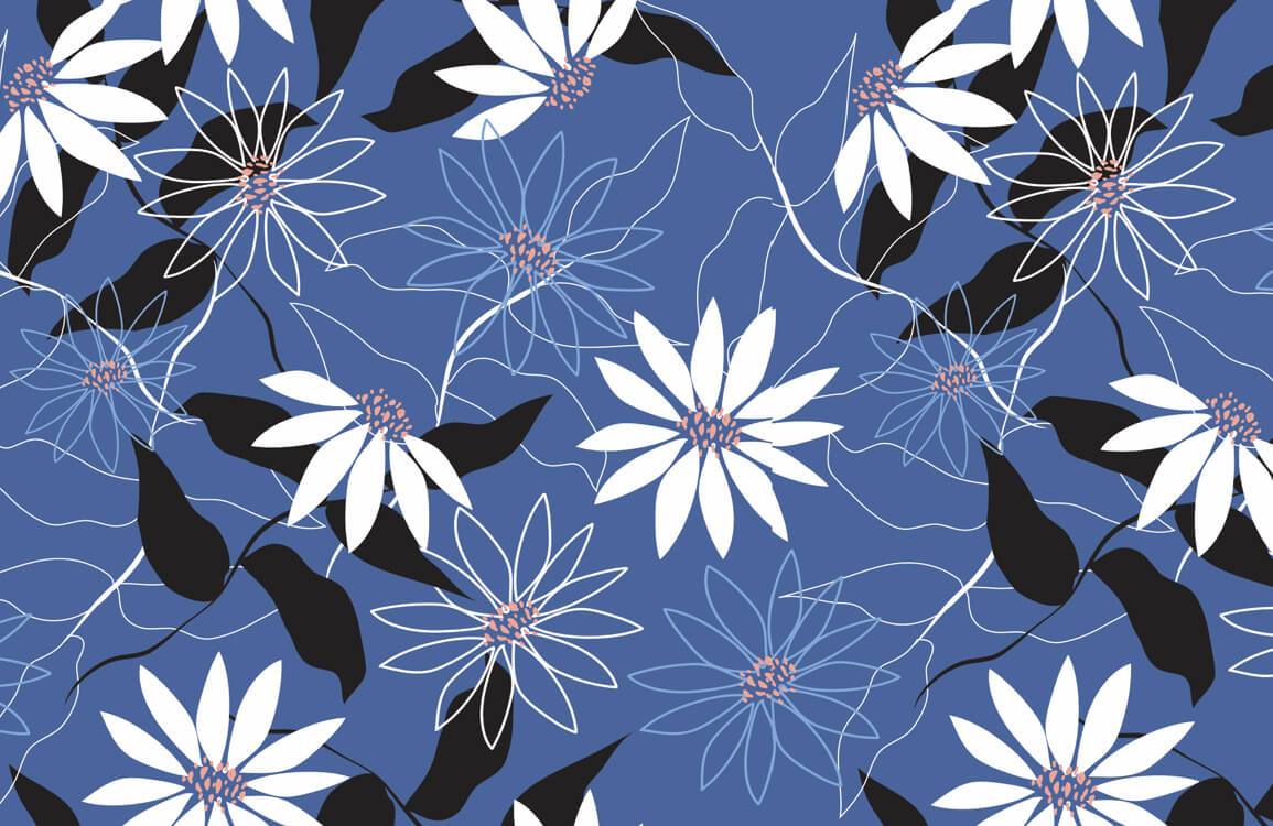Elegant Midnight Blue Floral Patterned Wallpaper with White Blossoms Design