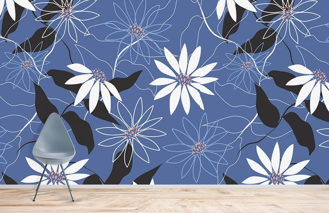 Elegant Midnight Blue Floral Patterned Wallpaper, white blossoms, modern grey chair, light wood flooring.