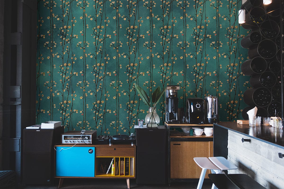 Teal floral wallpaper in a vintage design, modern kitchen setting, black and wood cabinets, stools.