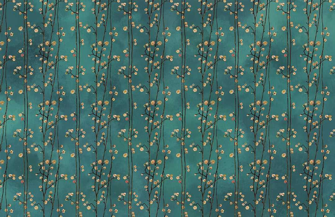 Teal Botanical Blossoms Repeated Pattern Wallpaper - Vintage Floral Design