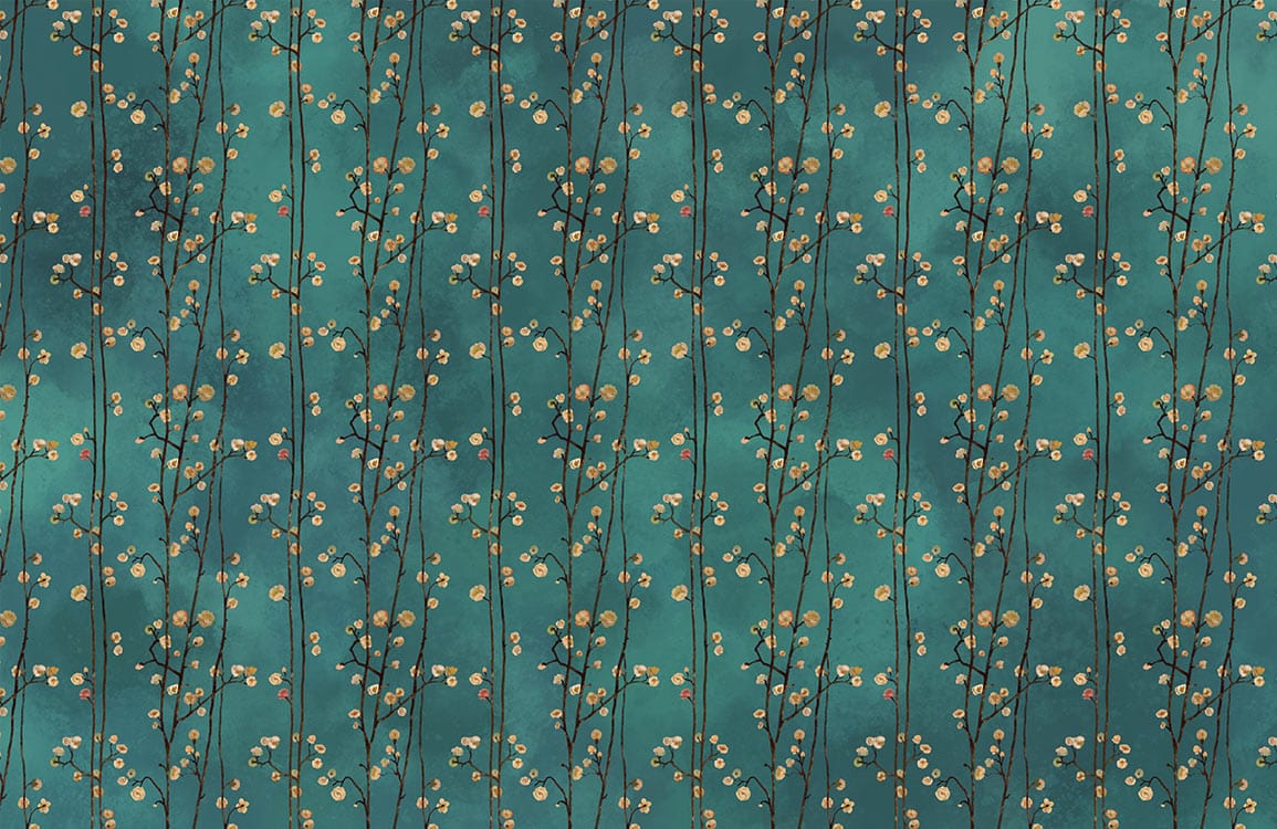 Teal Botanical Blossoms Repeated Pattern Wallpaper - Vintage Floral Design