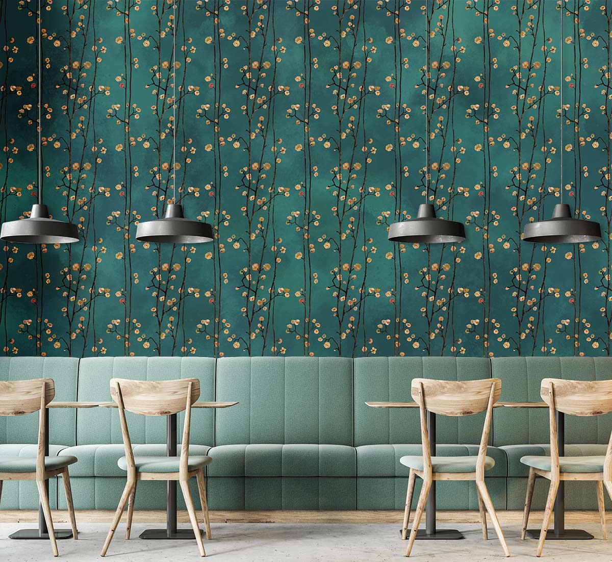 Teal floral pattern wallpaper in vintage style, cafe setting with wooden chairs and green sofa.