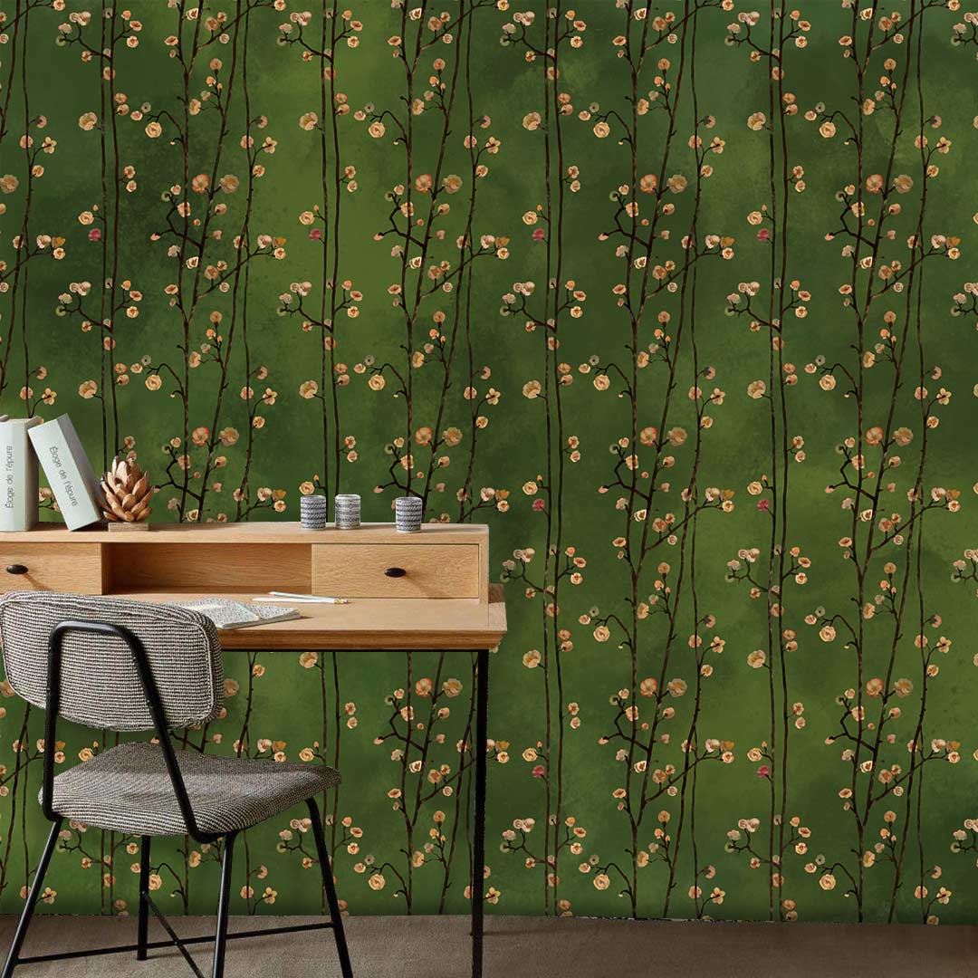 Botanical Green Vintage Floral Wallpaper, wooden desk, grey chair, elegant natural living room decor.