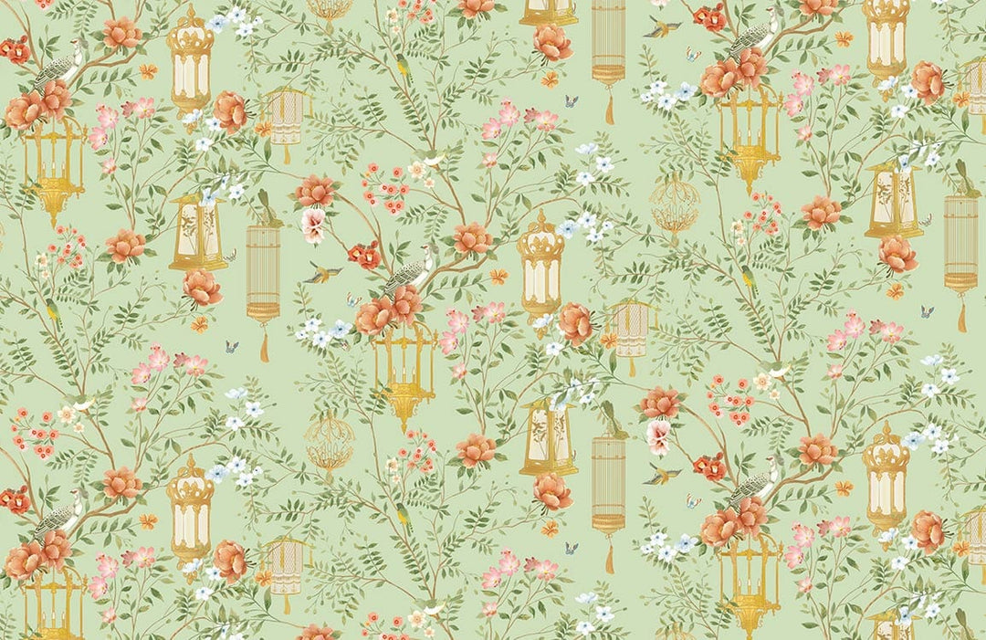 Vintage Oriental Floral Lantern Wallpaper in Soft Green and Pastel Colours