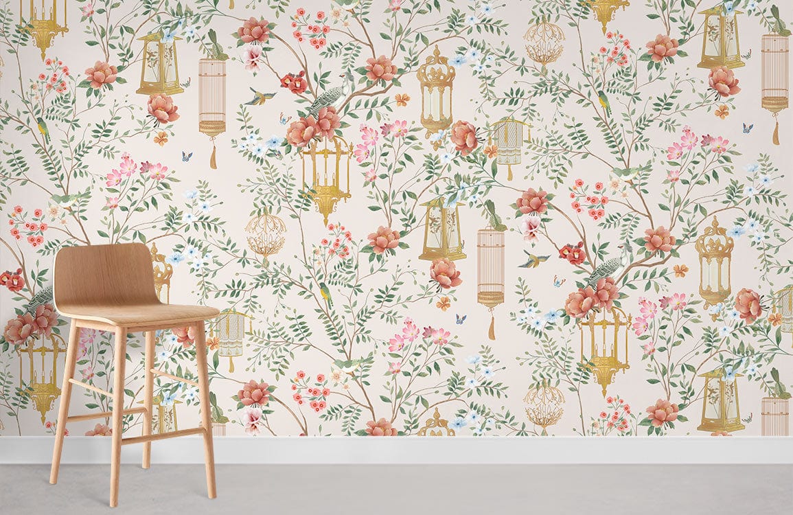 Elegant botanical wallpaper with oriental lanterns, cream background, wooden chair, botanical decor elements.