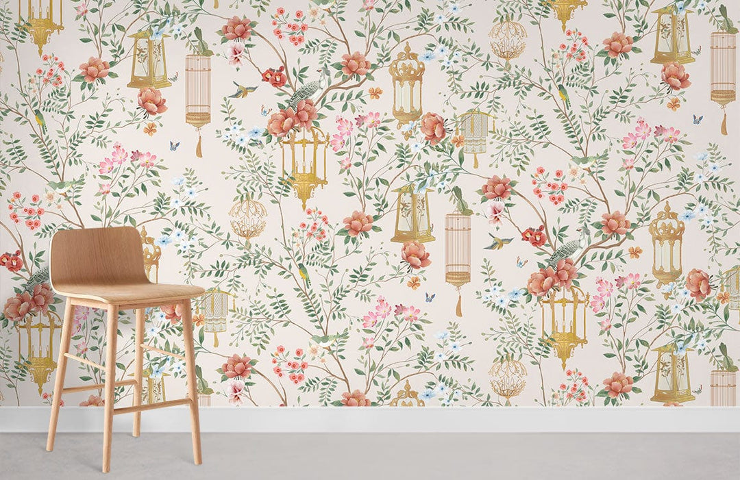 Elegant botanical wallpaper with oriental lanterns, cream background, wooden chair, botanical decor elements.