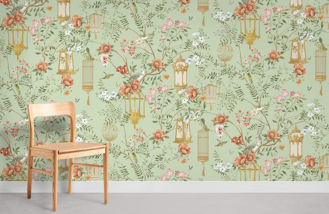 Vintage Oriental Floral Lantern Wallpaper in soft green with pastel tones; wooden chair on grey flooring.