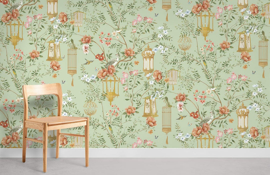 Vintage Oriental Floral Lantern Wallpaper in soft green with pastel tones; wooden chair on grey flooring.