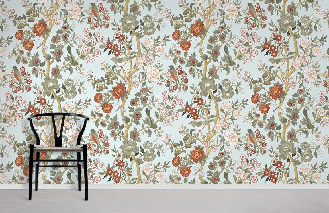 Vintage Floral Garden Wallpaper in living room, elegant botanical design with chair, grey flooring.