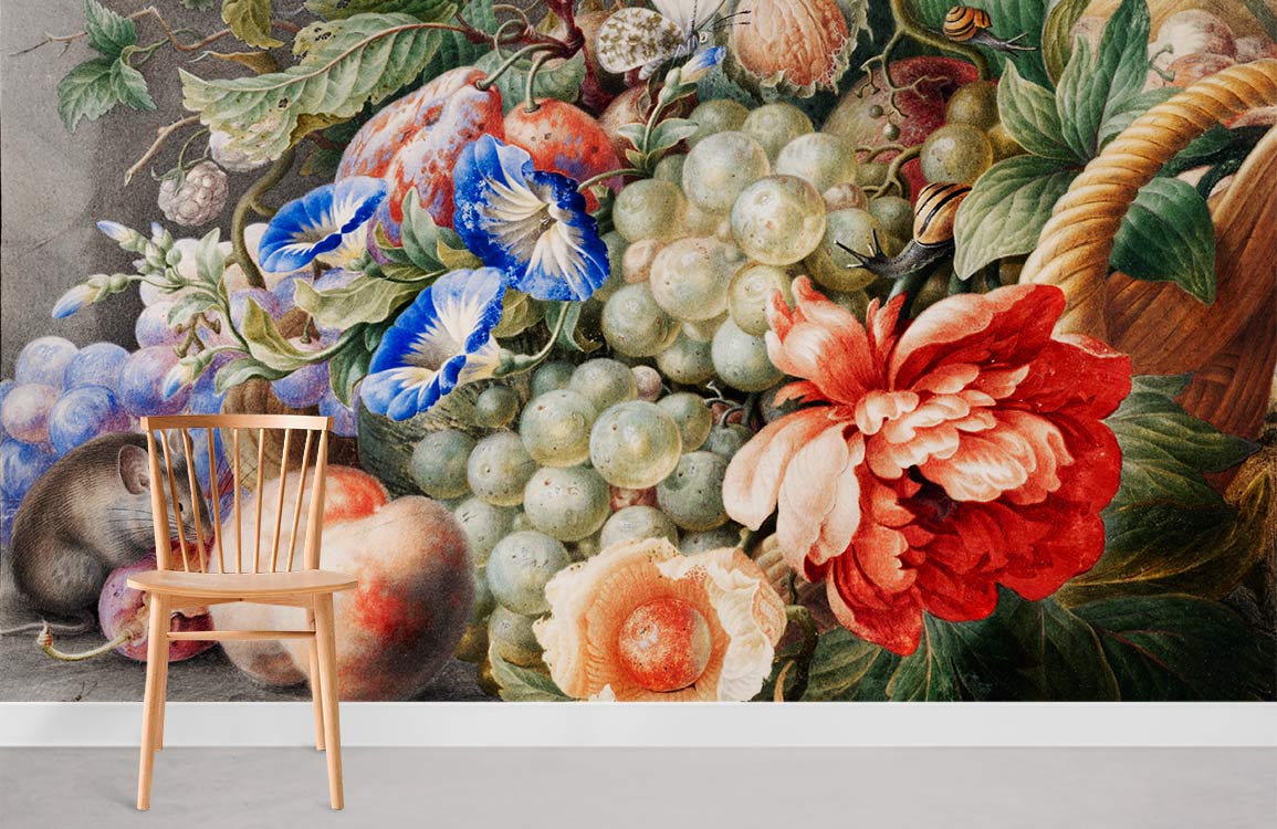 Vintage floral fruit mural wallpaper, vibrant citrus tones contrast wooden chair; elegant room accent.