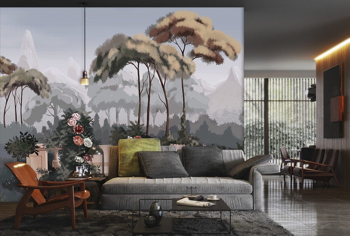 Vintage Pastel Garden Mural Wallpaper; serene landscape; grey sofa; wooden chairs; modern living room.