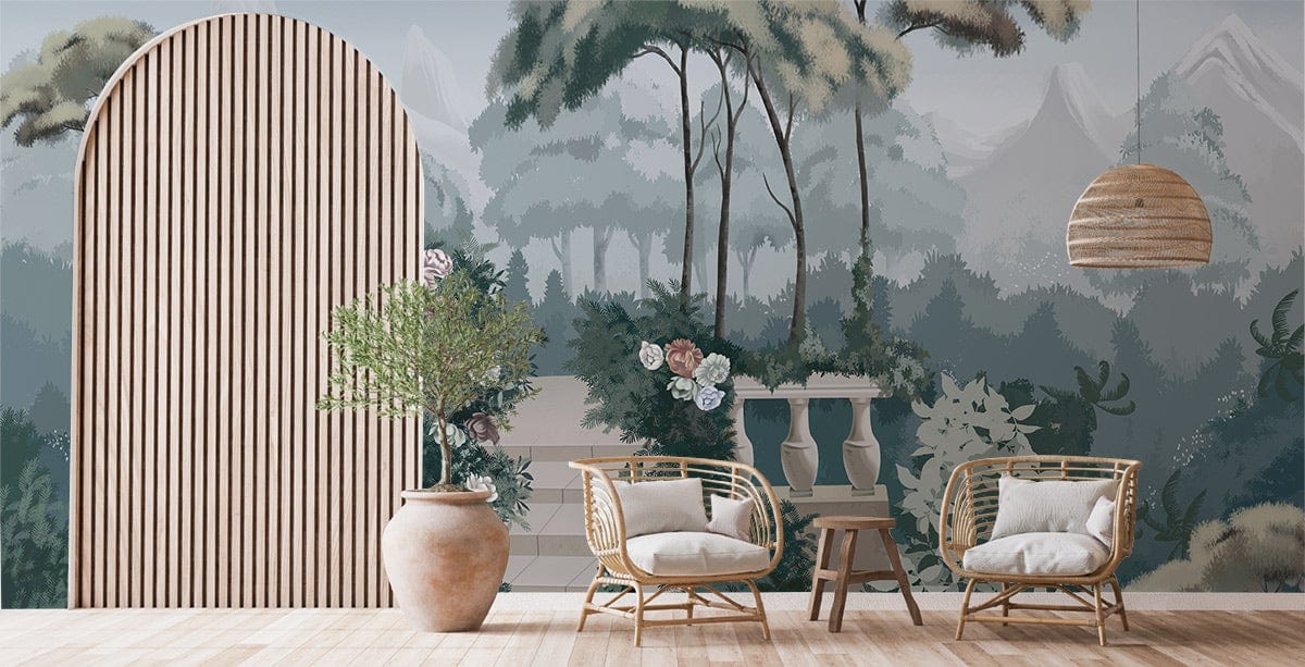 Tranquil Garden Oasis wallpaper in soft greens, misty blues, wooden flooring, wicker chairs, elegant room.