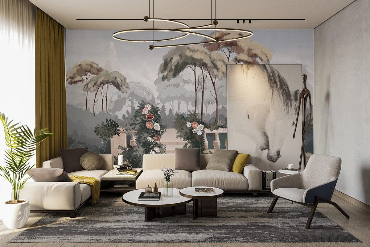 Vintage Pastel Garden Mural Wallpaper in elegant lounge with modern sofas and artistic decor items.