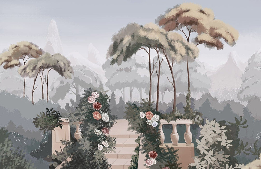 Vintage Pastel Garden Mural Wallpaper with Serene Landscape for Elegant Interiors