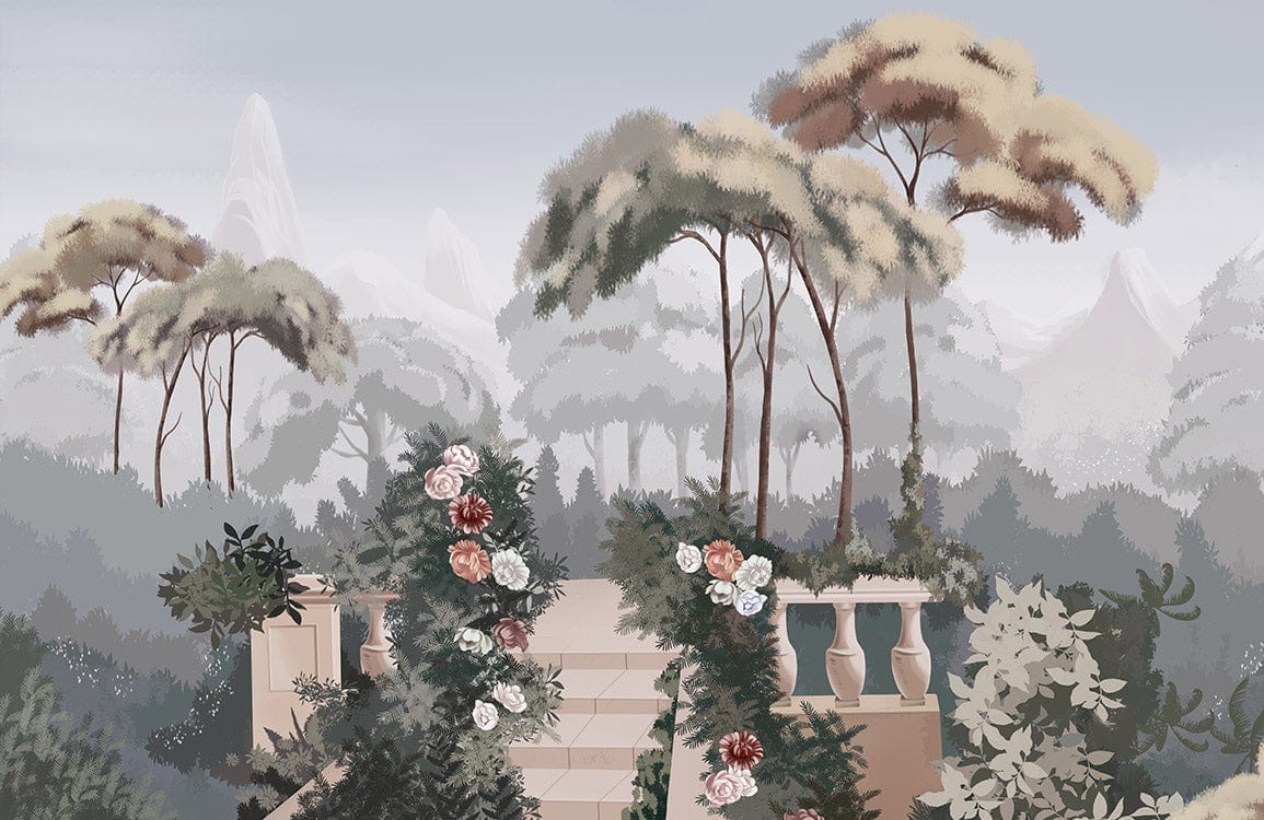 Vintage Pastel Garden Mural Wallpaper with Serene Landscape for Elegant Interiors