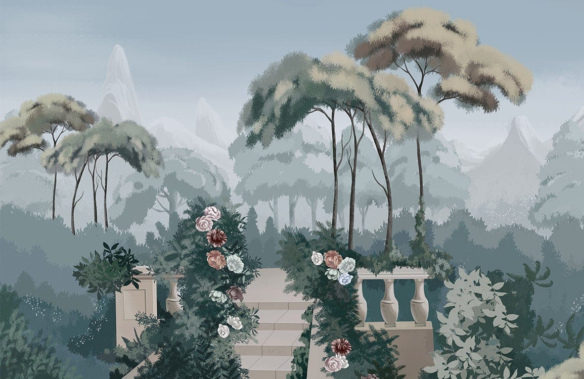 Tranquil Garden Oasis Mural Wallpaper in Soft Greens and Misty Blues