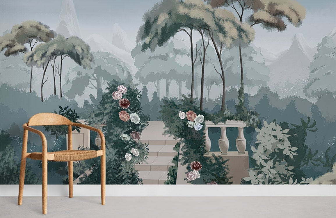 Tranquil Garden Oasis Mural; soft greens, misty blues, wooden chair; serene room ambiance.