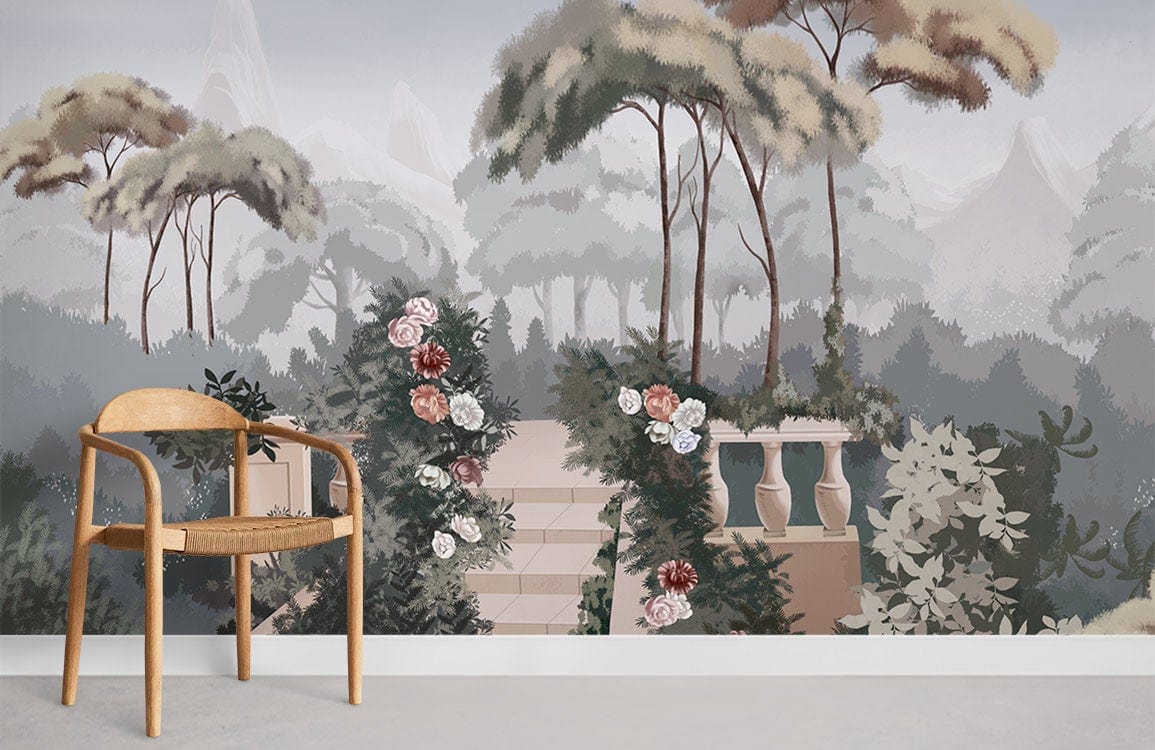 Vintage Pastel Garden Mural Wallpaper with serene landscape, wooden chair on grey floor in living room.
