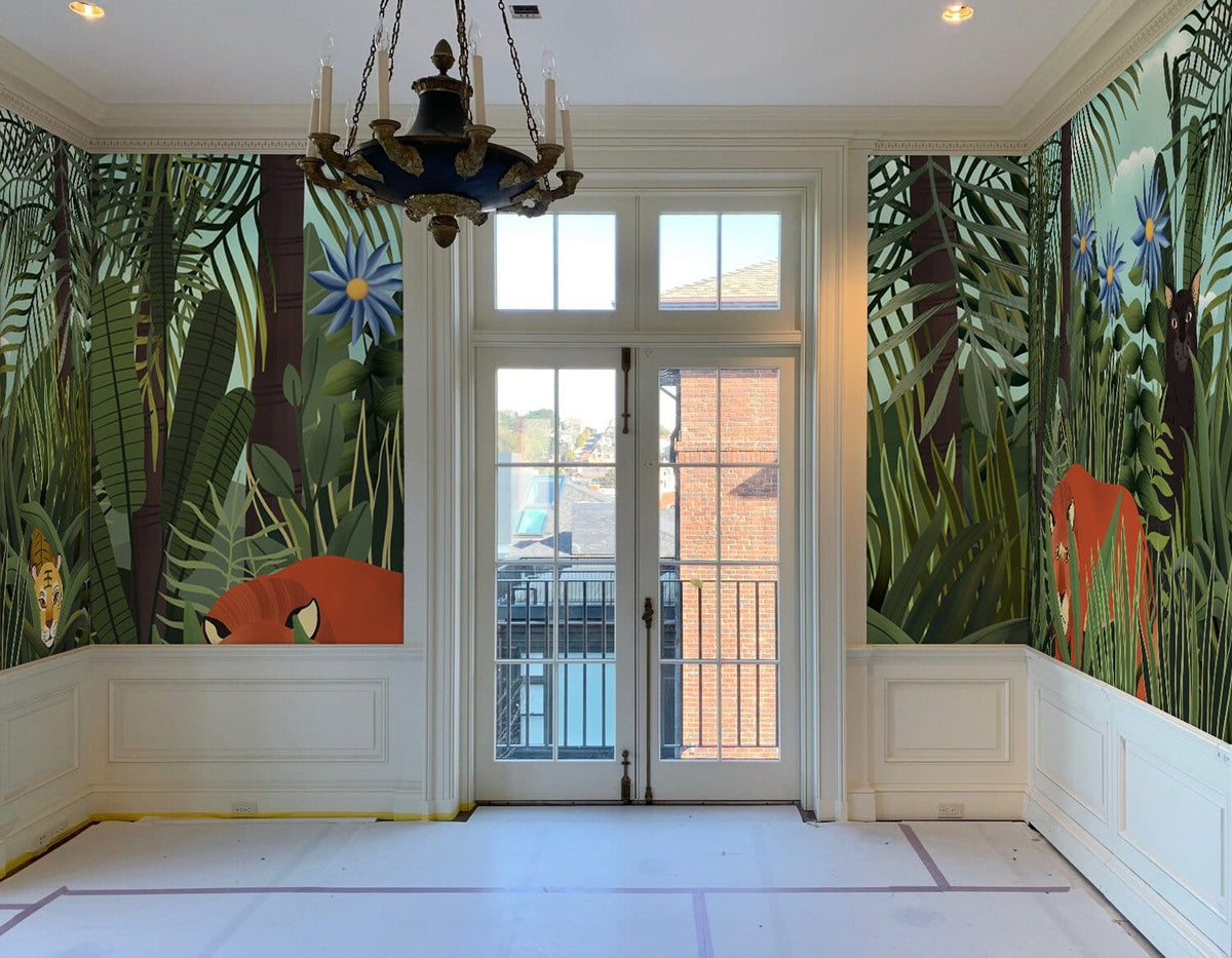 Colourful Jungle Animals Mural Wallpaper with tropical foliage; classic chandelier; white wainscoting; bright room.