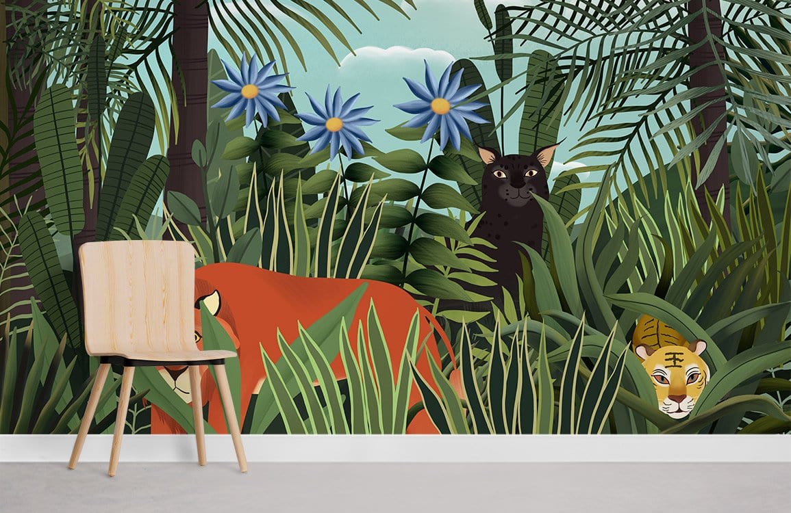 Colourful jungle animals mural wallpaper with tropical foliage, featuring chair and modern room setting.