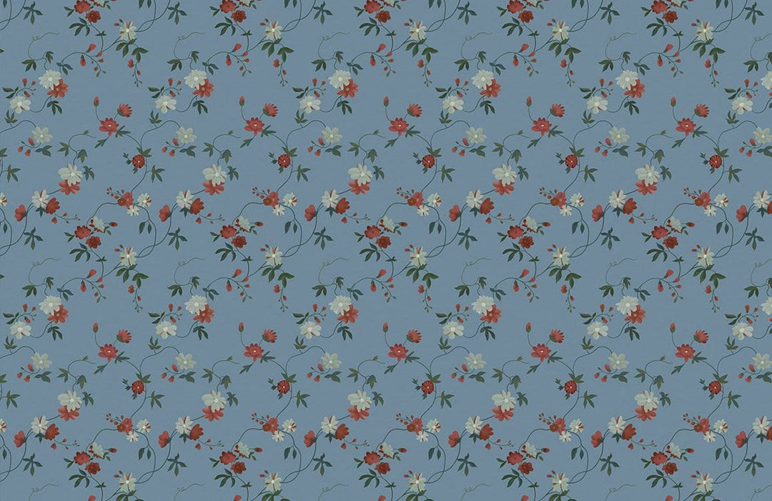 Vintage Floral Elegance: Blue and Red Blossom Pattern Wallpaper Decor