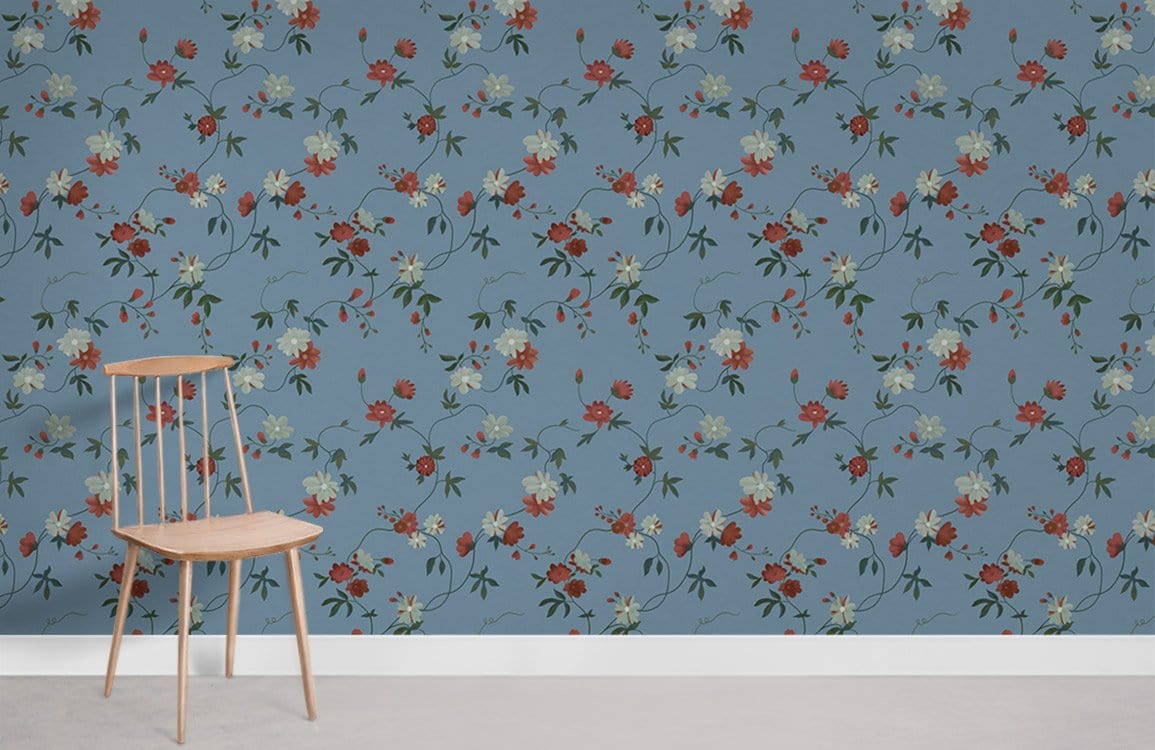 Vintage Floral Elegance wallpaper with blue and red blossoms, wooden chair, light flooring in room.