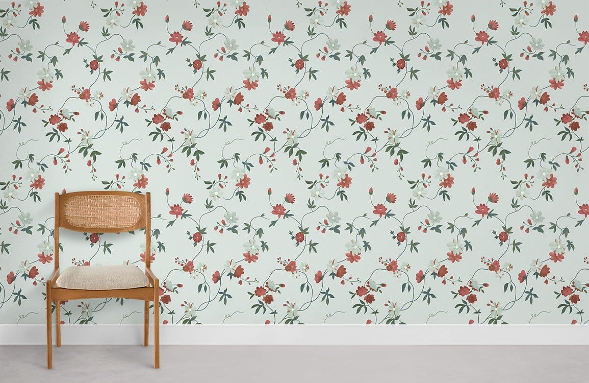 Cherry Blossom Elegance floral green wallpaper with vintage chair on light grey flooring in timeless decor.