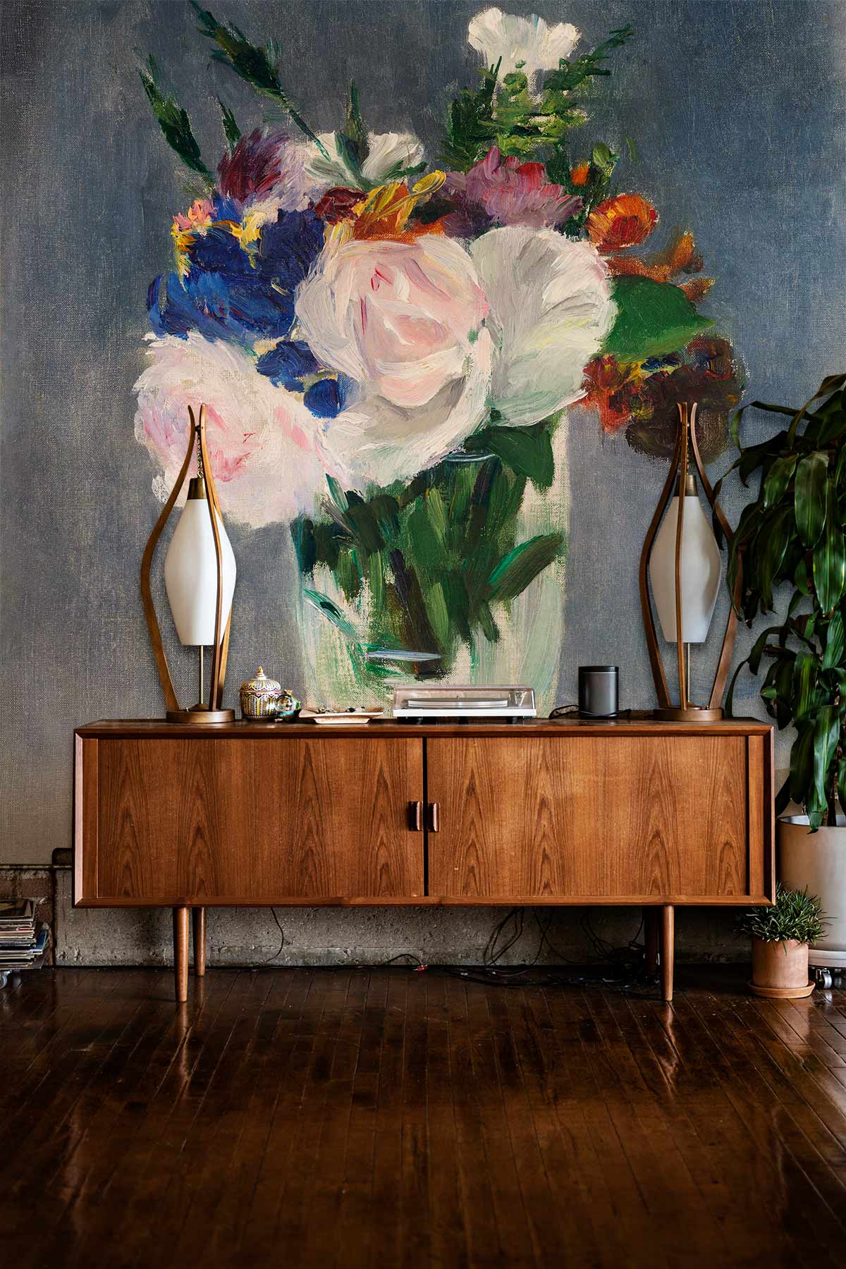 Elegant Floral Bouquet Mural Wallpaper in lounge, featuring wooden sideboard and polished wooden flooring.