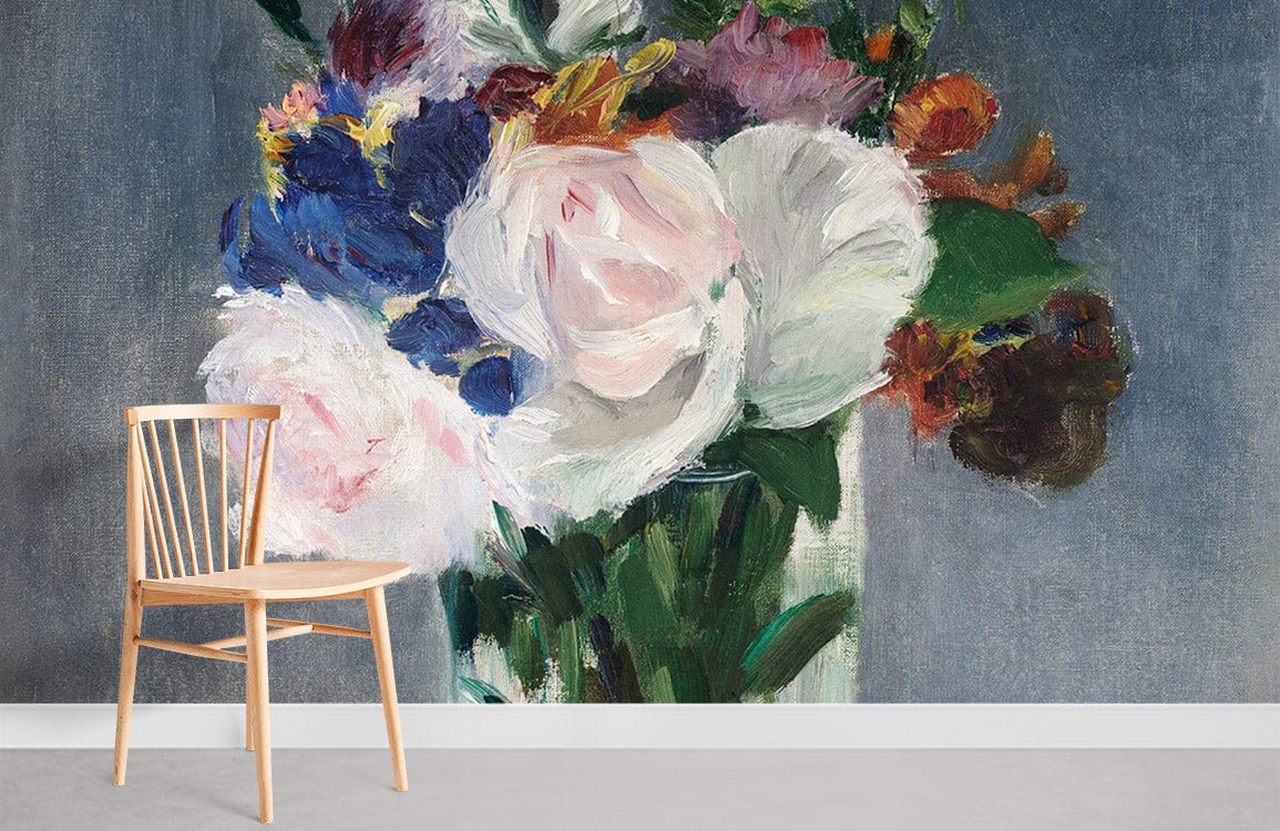 Alt text: Elegant Floral Bouquet Mural Wallpaper in pastels, light wood chair, grey wall, and flooring.