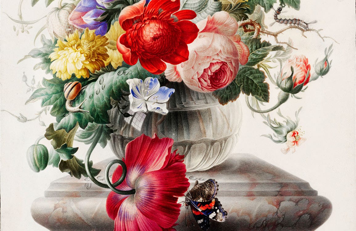 Vintage Floral Vase Mural Wallpaper with Vibrant Colour Botanical Design