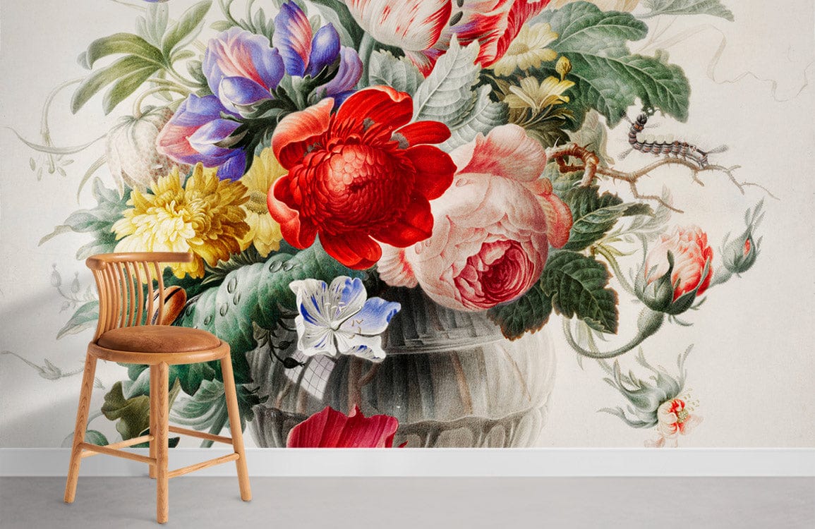 Vintage Floral Vase Mural Wallpaper, vibrant botanical design, wooden chair on grey floor, living room.