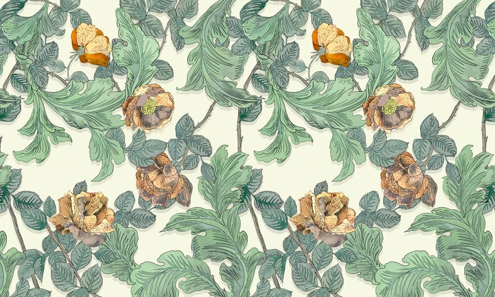 Vintage Botanical Leaf and Floral Mural Wallpaper in Green and Ochre Tones