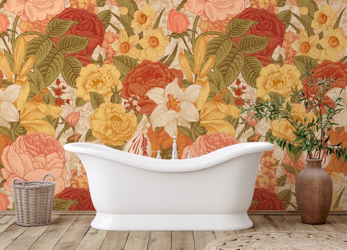 Vintage Floral Harmony Wallpaper in bathroom, Earthy tones, freestanding white tub, rustic wood flooring.
