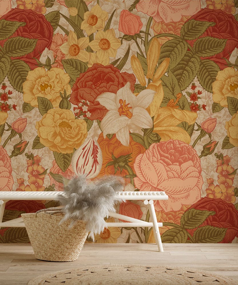 Vintage Floral Harmony Wallpaper in earthy hues with natural wooden flooring and stylish white bench.