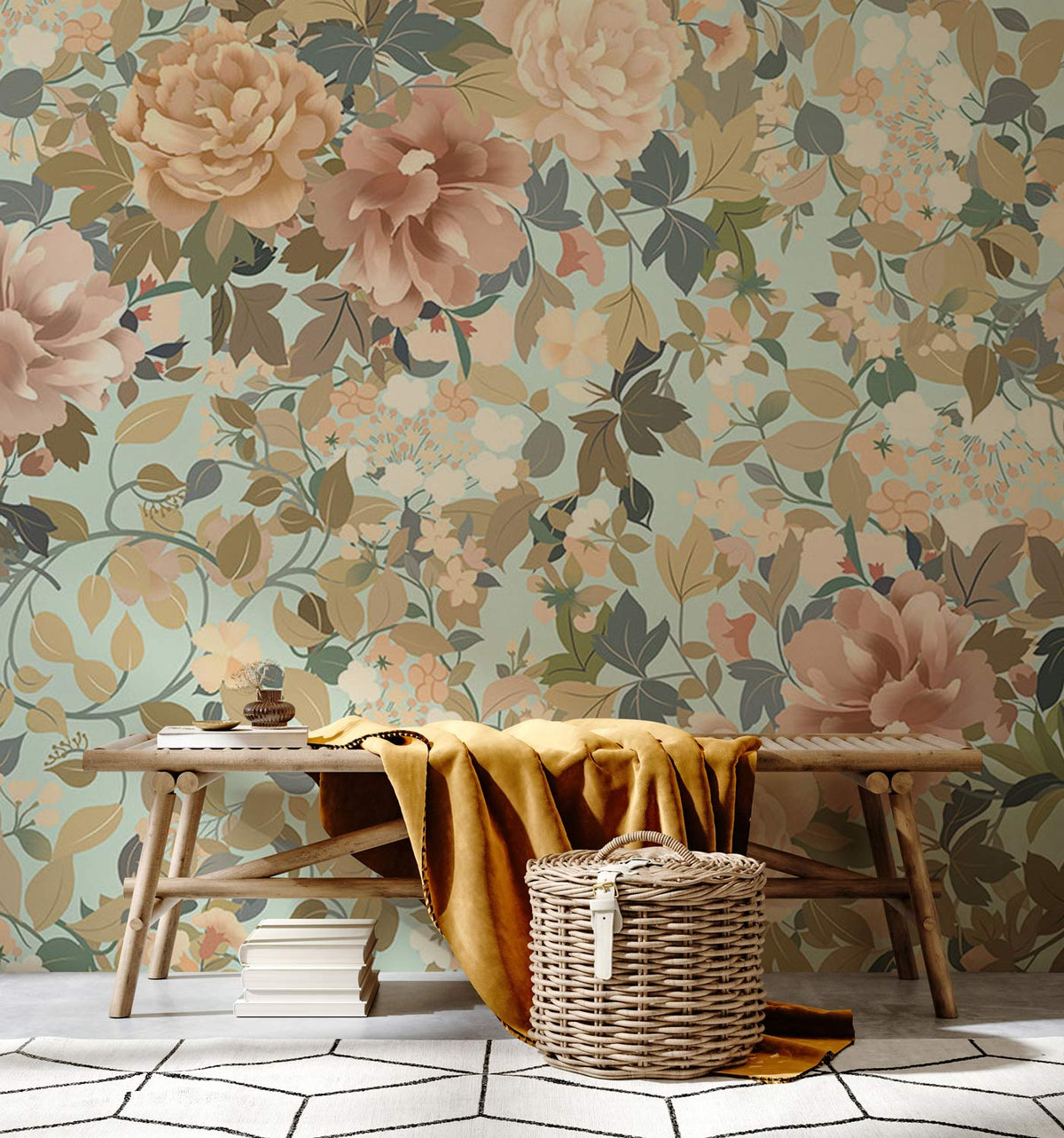 Vintage Floral Elegance wallpaper in living room with wooden bench, basket, and geometric-patterned floor.