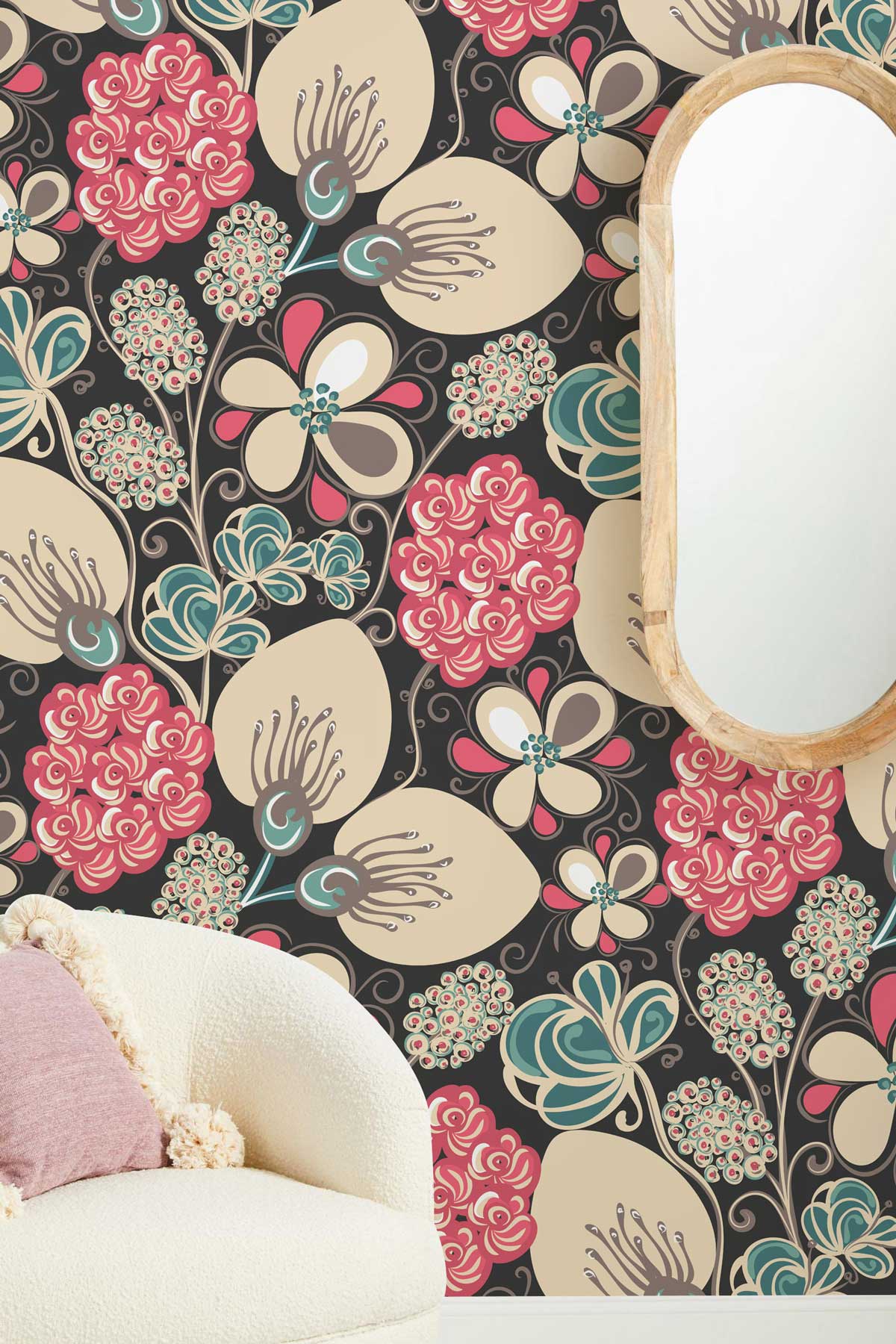 Vintage Floral Elegance Wallpaper with pink, teal, beige botanical design; cosy sofa; elegant mirror.